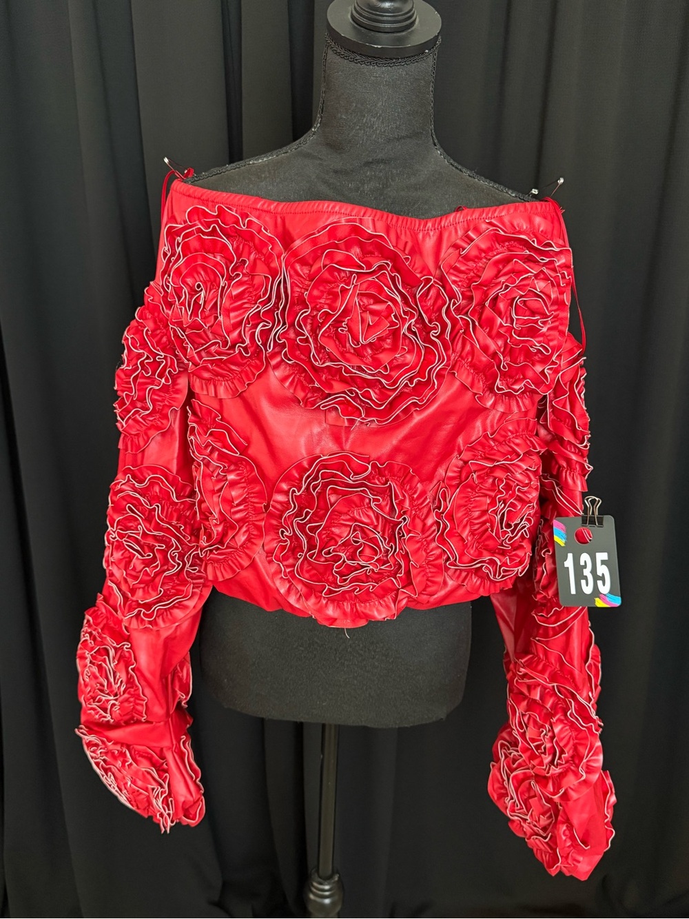 AKIRA Red Off-Shoulder Floral Appliqué Crop Top